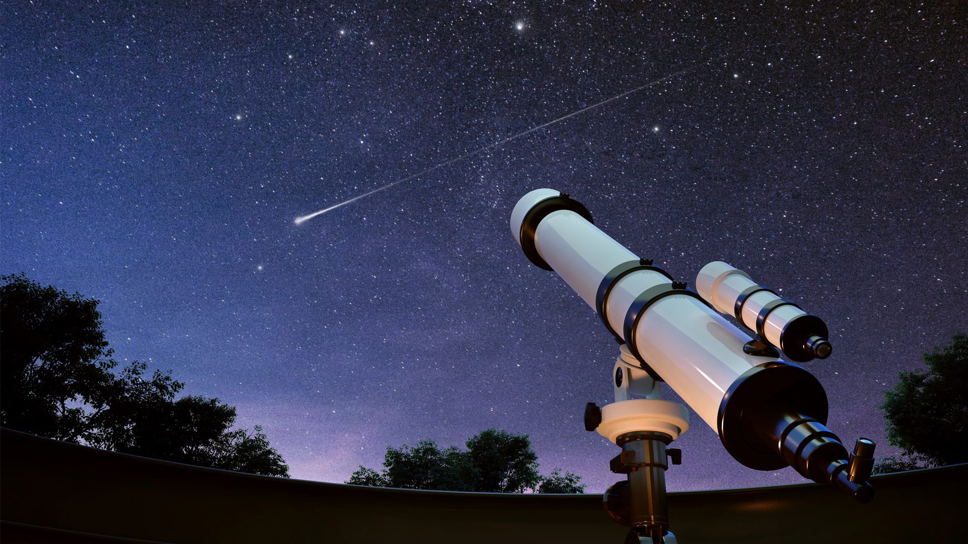 A telescope pointed at a star-filled night sky